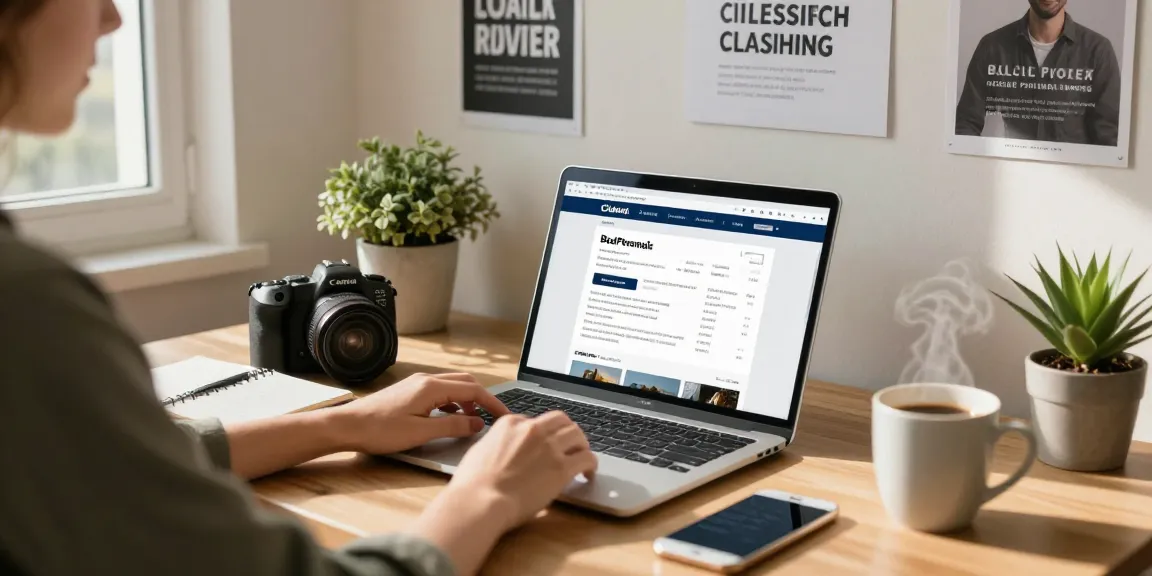 Engaging workspace with a user exploring bedpersonal's local classifieds on a laptop, highlighting community connection.