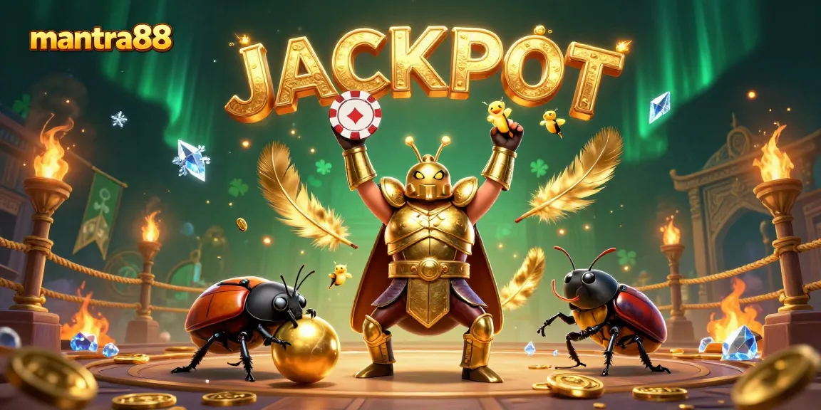 Engage with mantra88's thrilling casino experience as the victorious gladiator beetle lifts a poker chip amidst golden coins and jackpots.