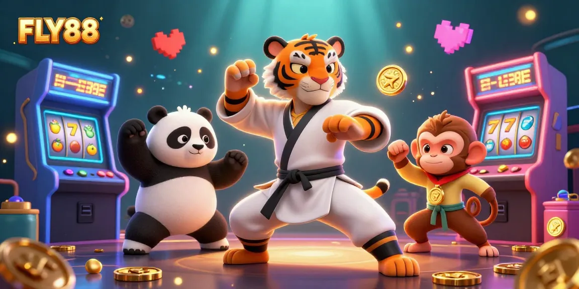 Experience gaming excitement with FLY88 as characters engage in a lively casino scene filled with vibrant slot machines.