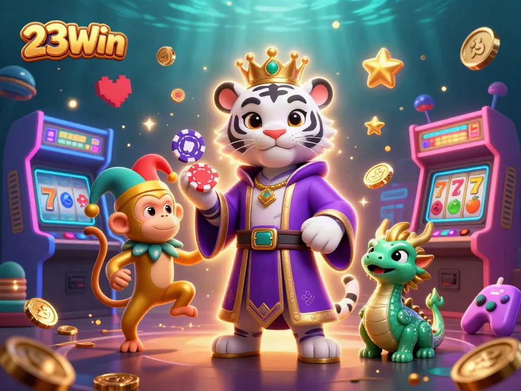 Engage with 23Win's vibrant casino scene featuring a cartoon white tiger and playful monkey.