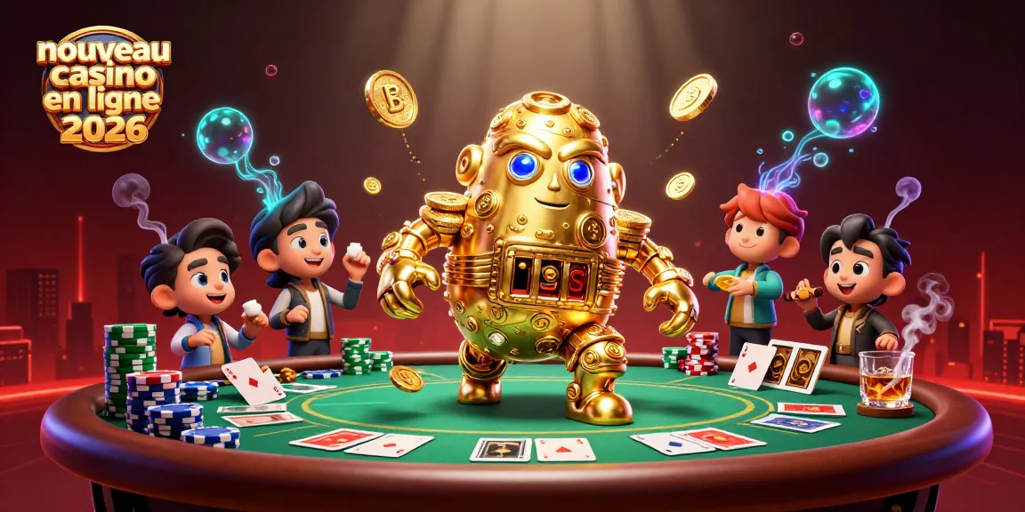 La scène captivante d'un nouveau casino en ligne 2026 avec un golem en pièces d'or et des éléments de poker.