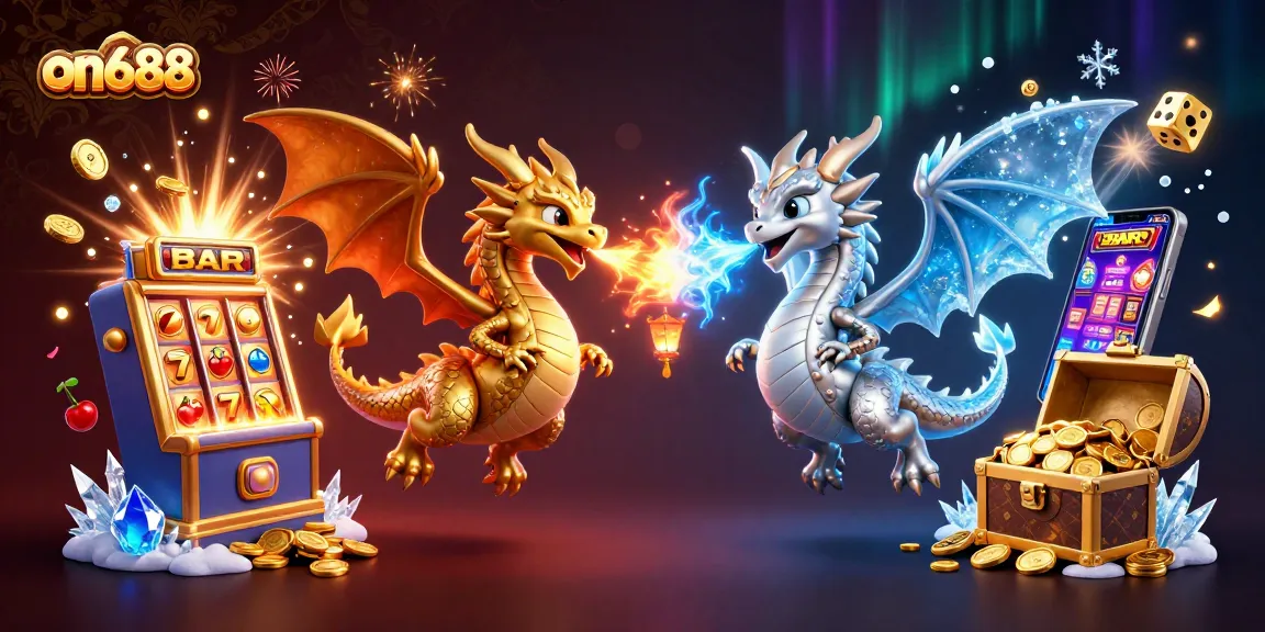 Experience thrilling gameplay at on688 with a golden dragon, silver dragon, and massive slot machine bursting with coins!