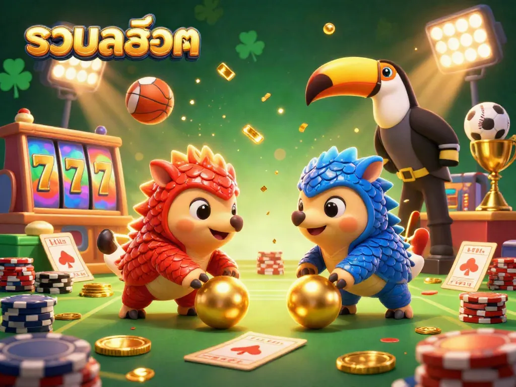 Join the action in รวมสล็อต as rival pangolins compete in a vibrant casino scene with golden balls, poker chips, and jackpot elements.