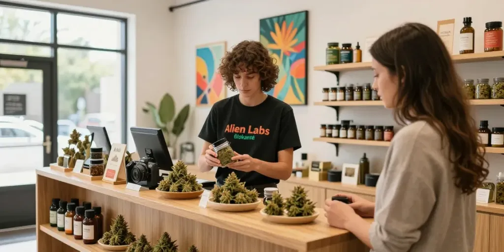 Explore Alien Labs Biskanté at a modern cannabis retail store with a friendly budtender.