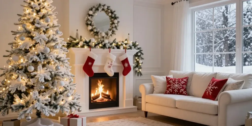 Elegant white tree xmas in a beautifully decorated cozy living room.
