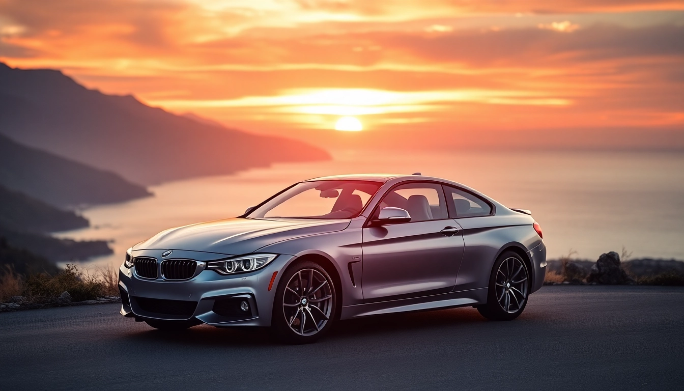 Experience the luxury BMW car parked against a beautiful coastal sunset, illustrating exquisite design.