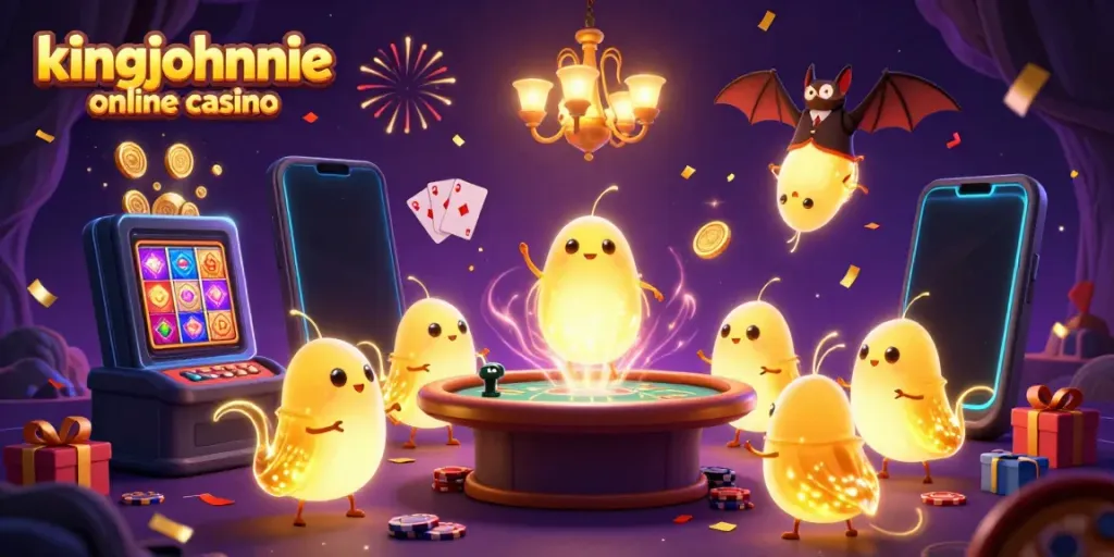 Celebrate at kingjohnnie online casino with vibrant glowworms and a bat dealer in an animated cave casino scene