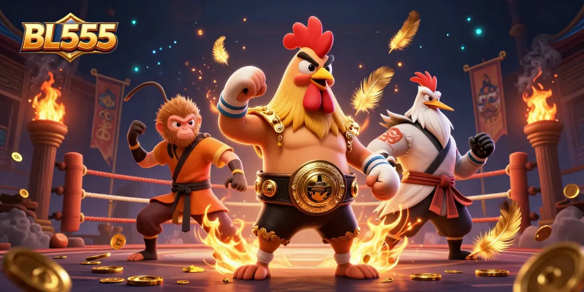 Experience thrilling gameplay at BL555 as a fierce Muay Thai rooster battles for fortune in a vibrant casino.