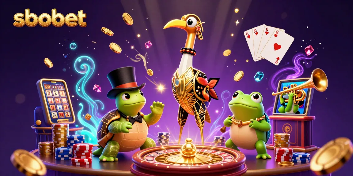 Engage in sbobet betting thrills with a vibrant scene of games, coins, and characters celebrating wins.