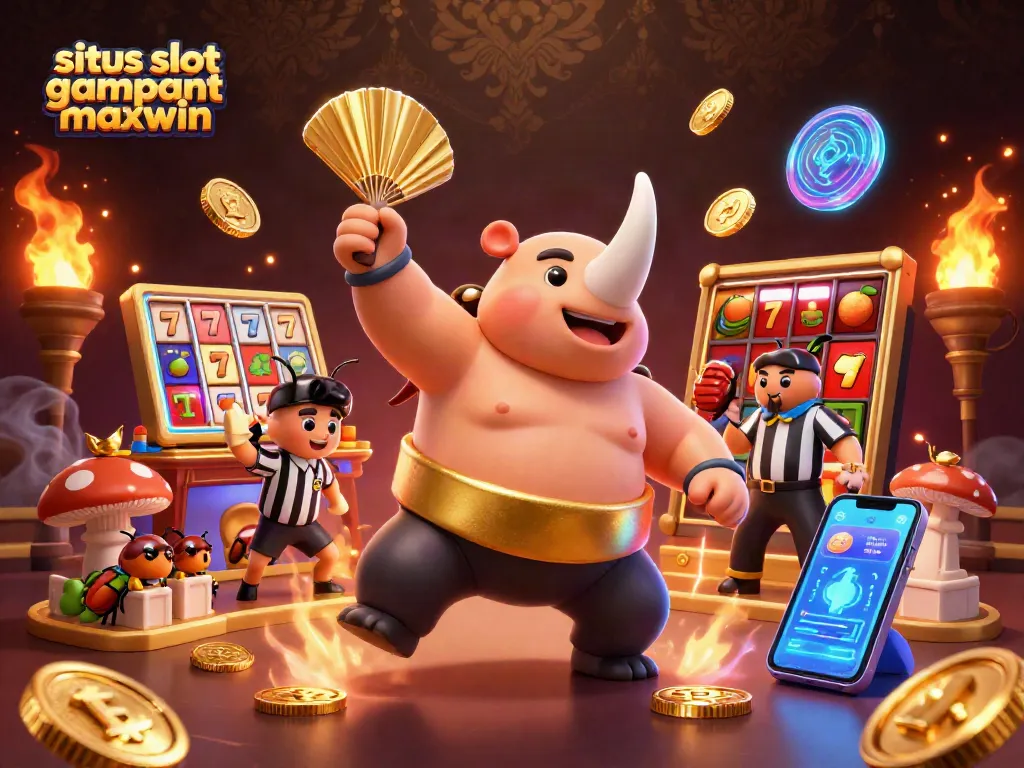 Engage with situs slot gampang maxwin as a rhinoceros beetle champion celebrates wins amid slot reels and cryptocurrency.