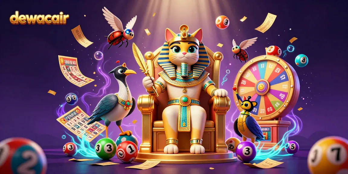 Dewacair showcases vibrant 3D casino elements with a pharaoh cat, prize wheel, and money rain for gaming excitement.