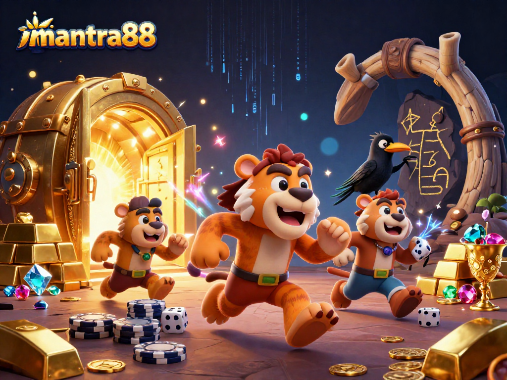 Engage with mantra88 in a vibrant casino scene featuring characters and gold treasures.