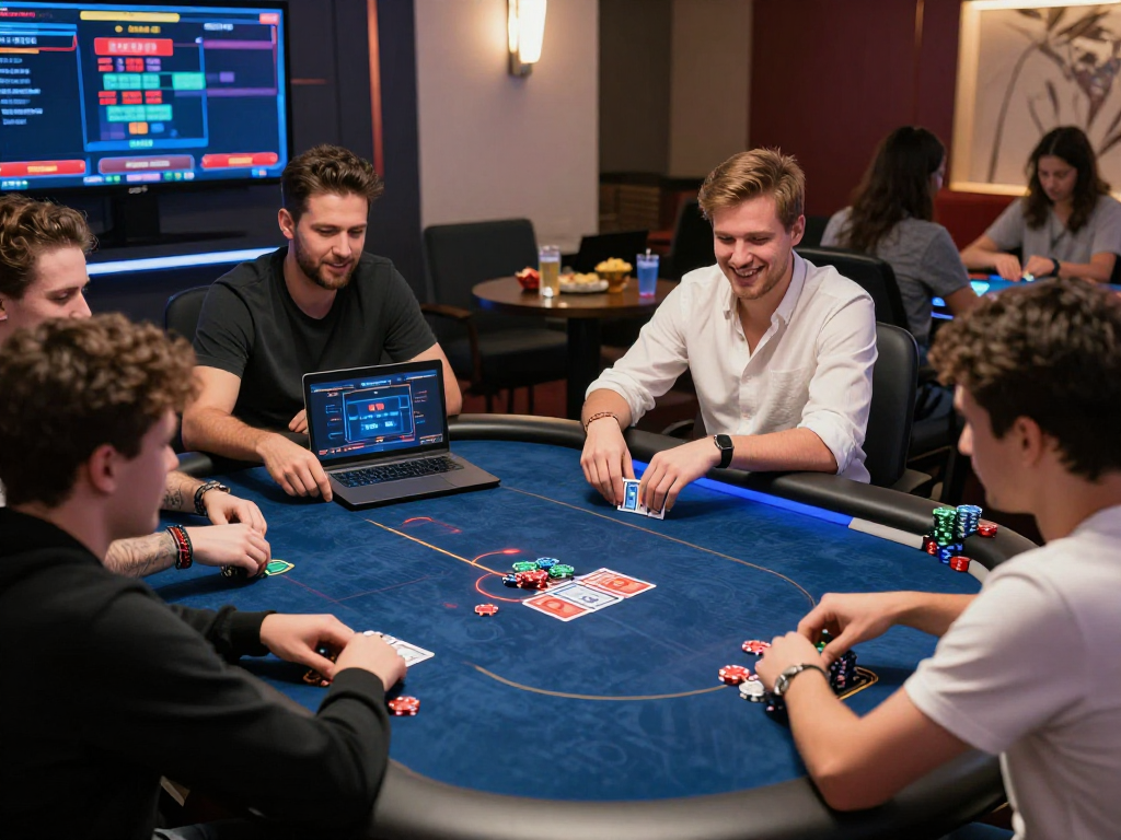 Enthusiastic friends enjoying Poker88 gaming experience at a digital table