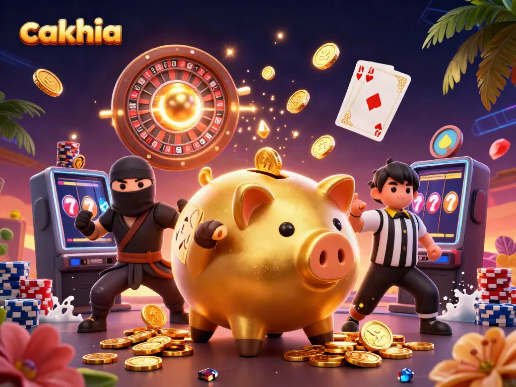 Experience thrilling cakhia action as a golden piggy bank sumo wrestler coins curb-stomp amidst vibrant casino elements.