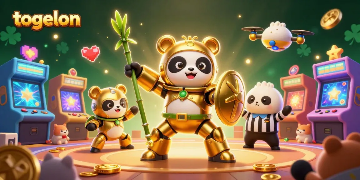 Engage with togelon as the golden panda pilots an arena battle robot amid vibrant gaming elements.