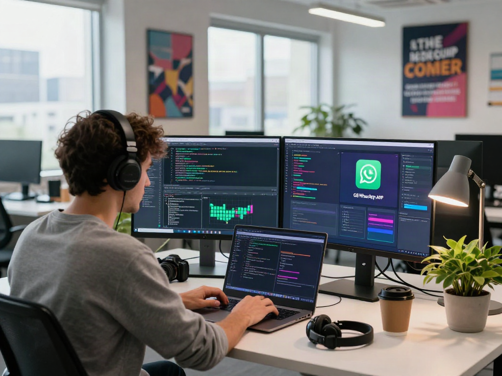 Dynamic coding workspace with GB WhatsApp APK interface on screens for tech development.