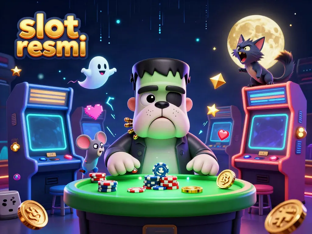 Experience thrilling slot resmi at an animated casino table with a unique Frankenstein bulldog dealer.