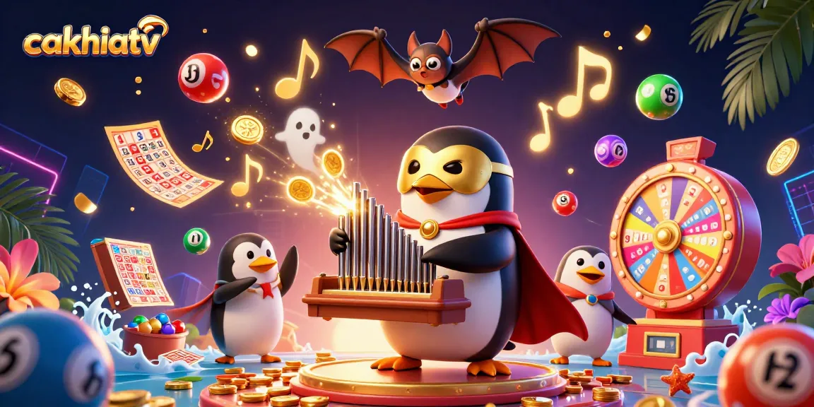 Engage in thrilling gaming at cakhiatv with a lively scene of a penguin organist and dynamic lottery elements.