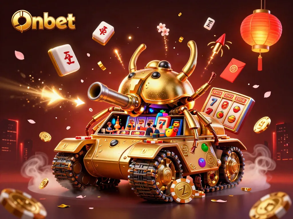 Onbet showcases a mini casino in a golden beetle tank, engaging players with festive elements.
