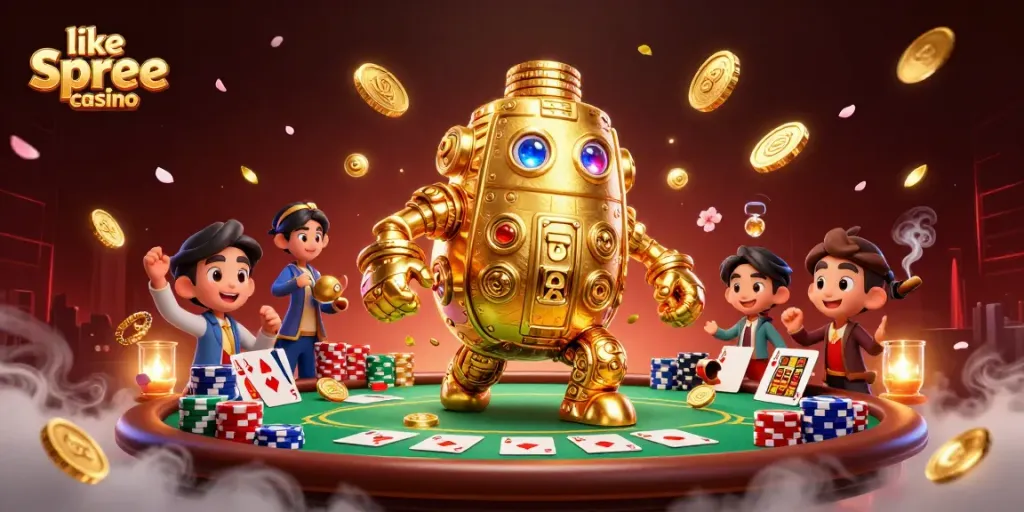 Win big with games like spree casino, featuring vibrant poker elements and a golden golem.