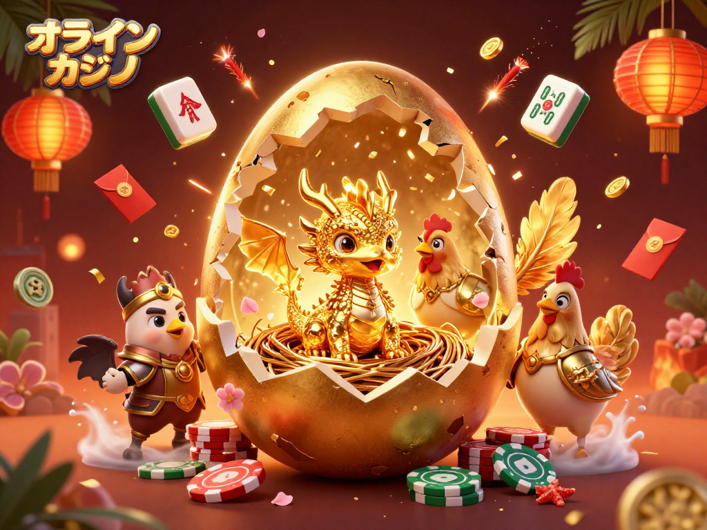 オンラインカジノの黄金のドラゴンがポーカーチップの巣から姿を現すシーン。