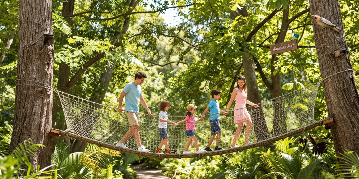 Family joyfully crossing a rope bridge design in a lush forest, highlighting adventure and togetherness.