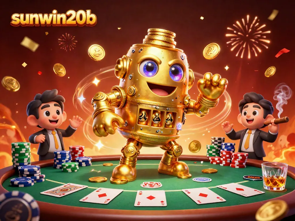 Experience the gold-infused excitement of sunwin20b with a captivating cartoon golem and poker scene.