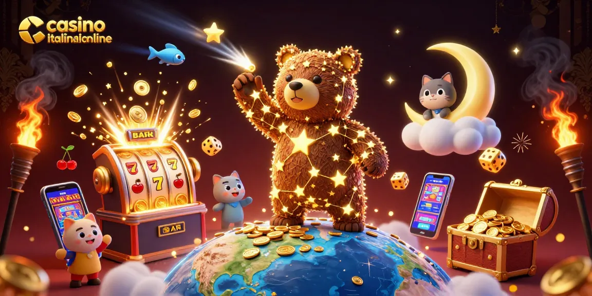 Gioca ai casino italiani online con un'illustrazione dettagliata che mostra una macchina slot e tesori d'oro.