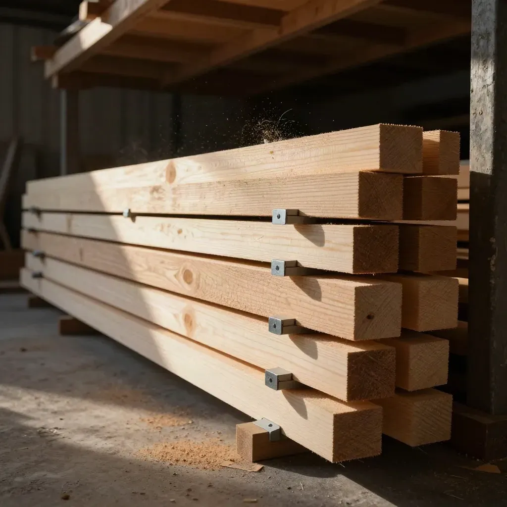 Timber frame sets bundled under a workshop overhang in late afternoon light
