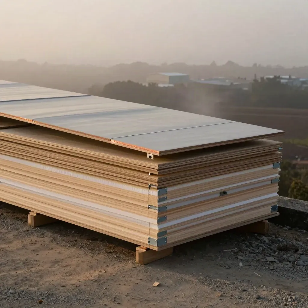 Stacked roof panel kits on a windy site edge, one panel tilted in evening light.