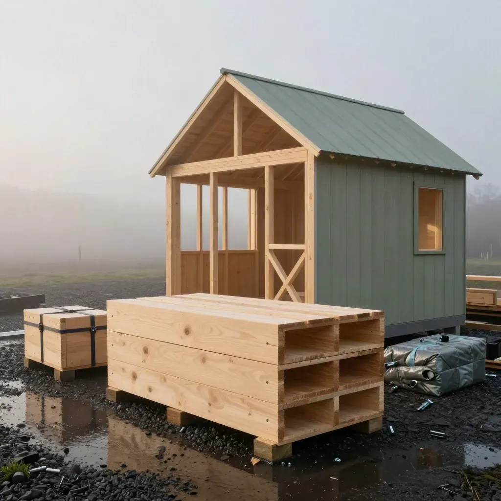Wet timber hut kit on gravel at dawn, fog lifting around the frame and panels.