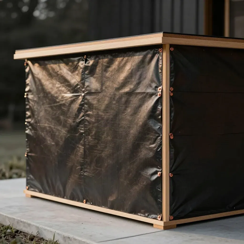 Dark cabin shell pack with stacked wall panels under a canopy, soft haze and copper hardware.
