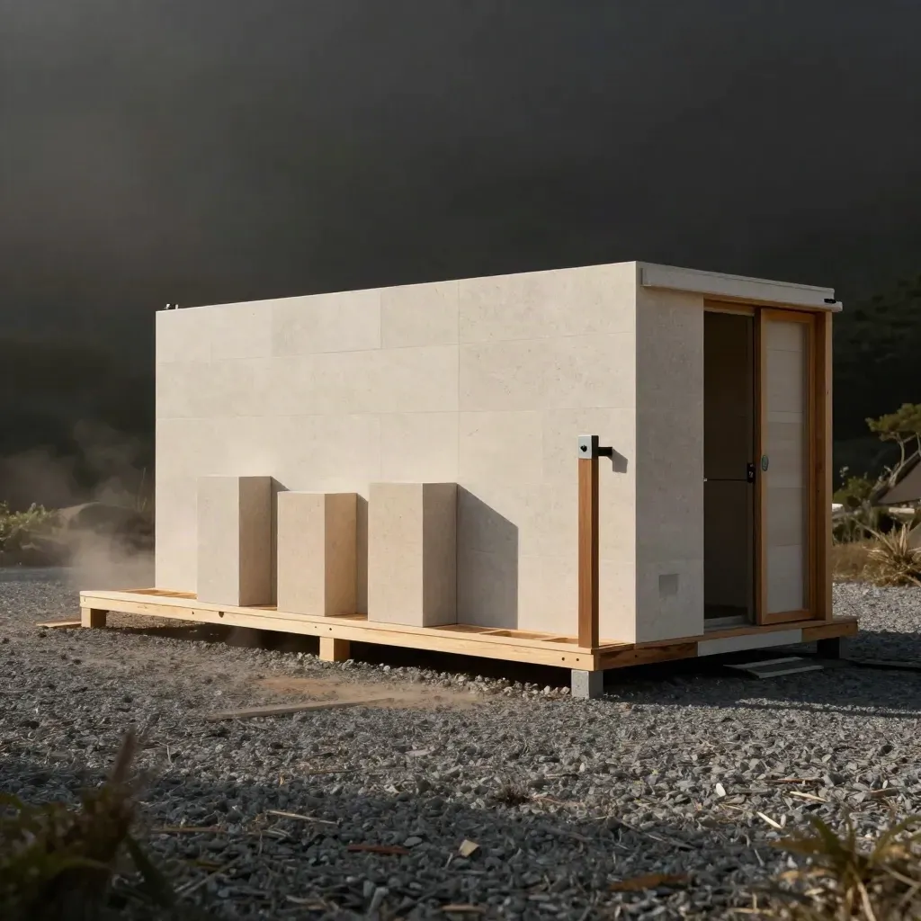Sand-hued guest pod kit blocks and timber frame parts settling on a gravel glamping pad.