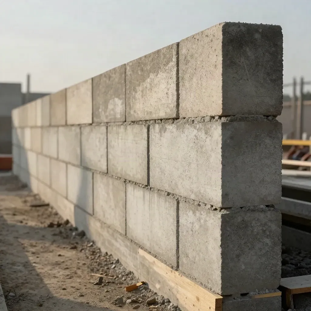 Low view of interlocking wall blocks snapping straight along a concrete foundation in dusty haze.
