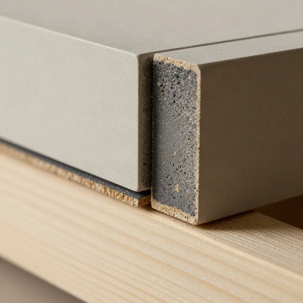 Extreme macro of interlocking wall blocks meeting on a foundation beam, seam and dust in sharp focus.