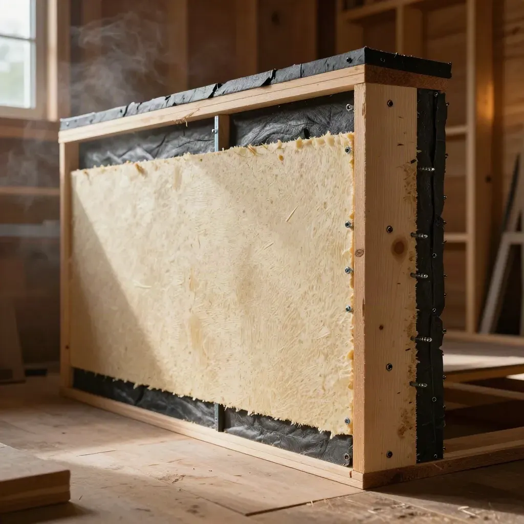 Insulated hut wall cutaway with timber frame, roof edge, and soft vapor in warm daylight