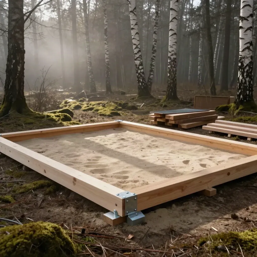 Timber cabin footprint laid out on sand in a misty forest clearing, seen from above.