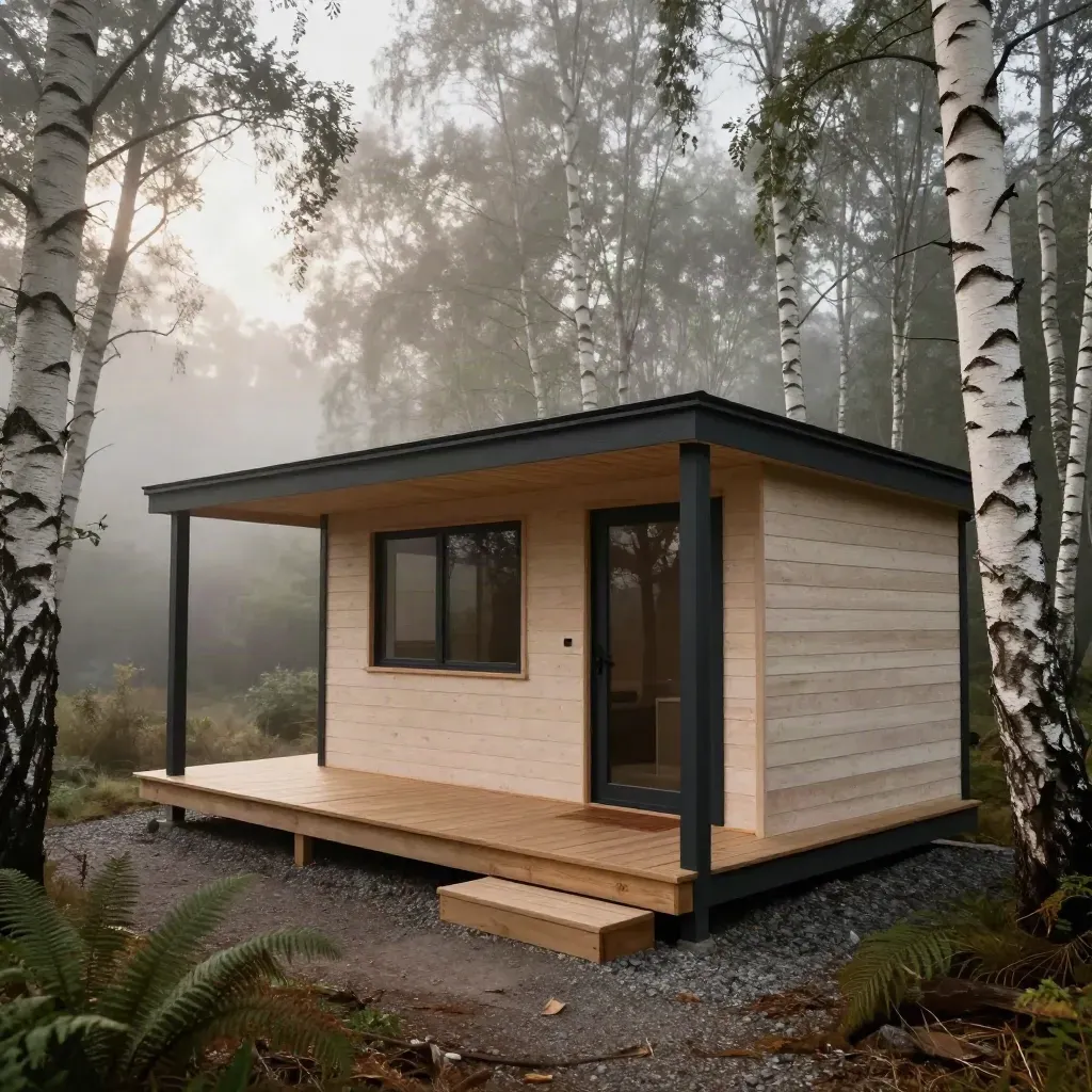 Low-angle hut among birches, mist drifting over deck lines and gravel pads
