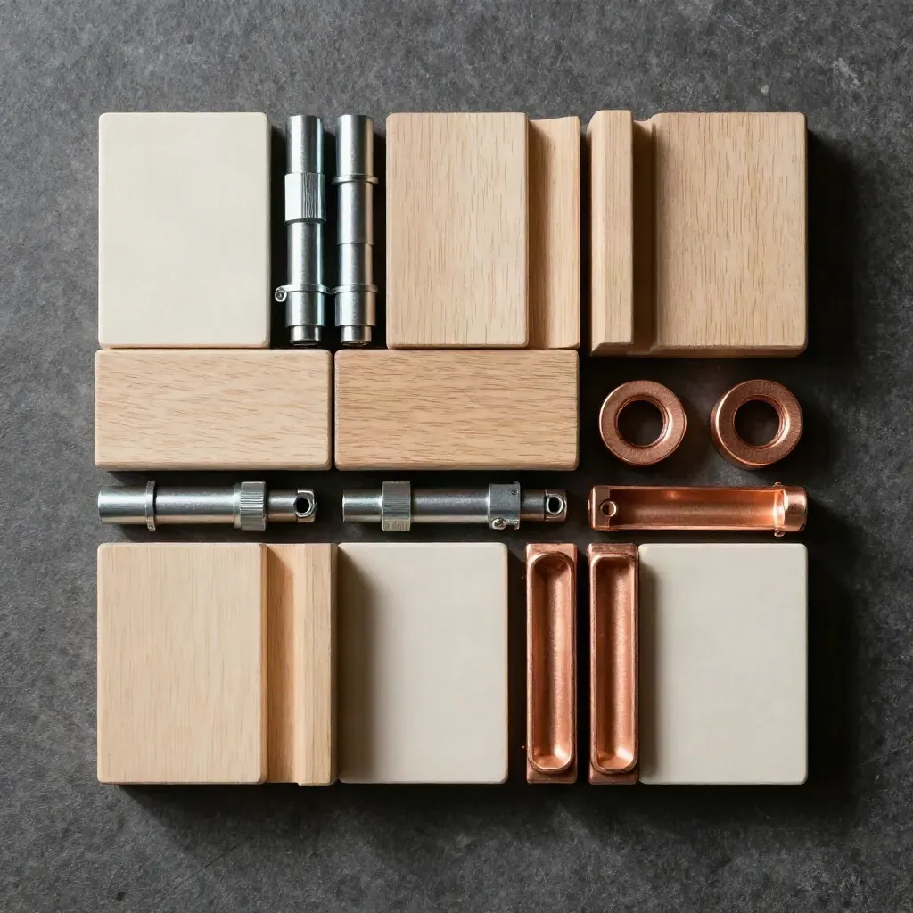 Overhead flat lay of hut blocks, panels, hardware, and blank guide sleeves on charcoal stone.