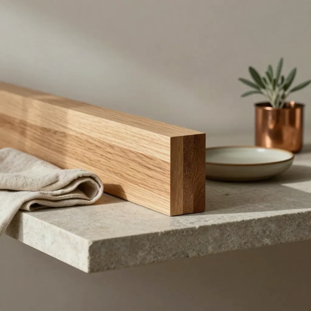 Timber corner joinery sample with cloth, dish, and plant on a stone shelf.