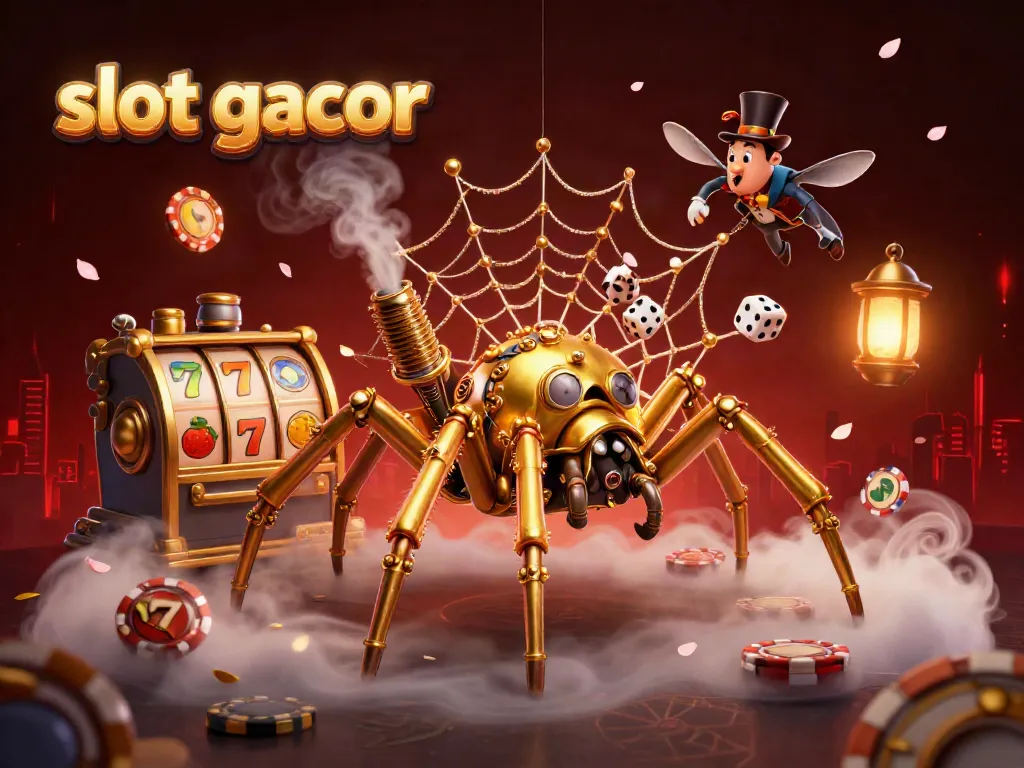 Engage in slot gacor action with a whimsical steampunk scene featuring a golden spider caught in its web.