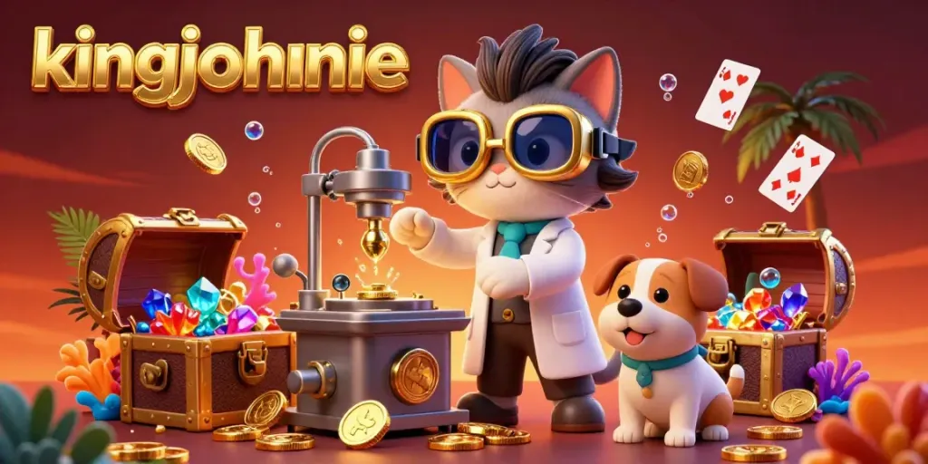 Spin and win at KingJohnnie Casino, featuring vibrant characters and gold coin mayhem.