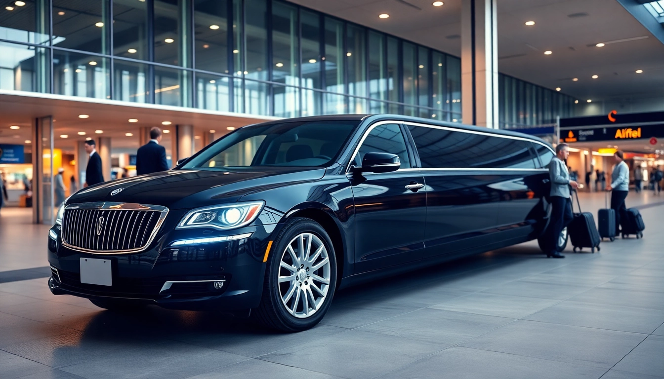 Experience airport limo service with a luxurious black vehicle ready at the terminal.