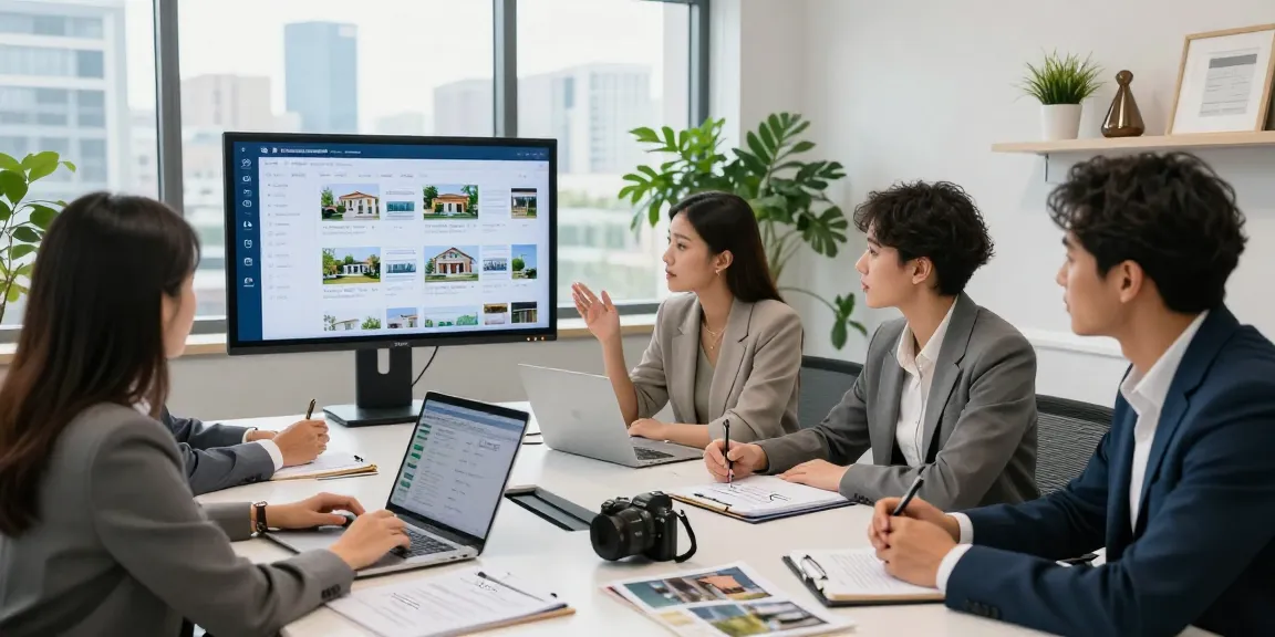 Woning Unie real estate agents collaborating on property listings in a modern office setting.