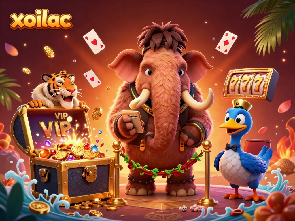 Xoilac casino scene featuring a woolly mammoth bouncer, saber-tooth tiger VIP, and playful slot elements