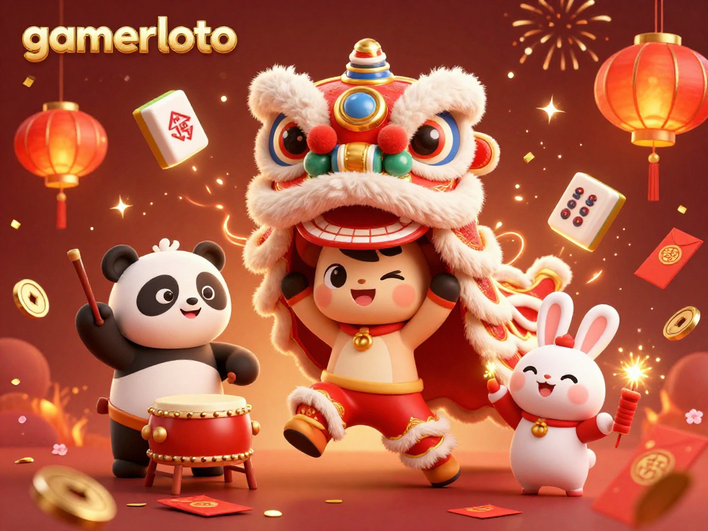 Experience the vibrant energy of gamerloto in this dynamic casino-themed 3D illustration featuring festive characters and gaming elements.
