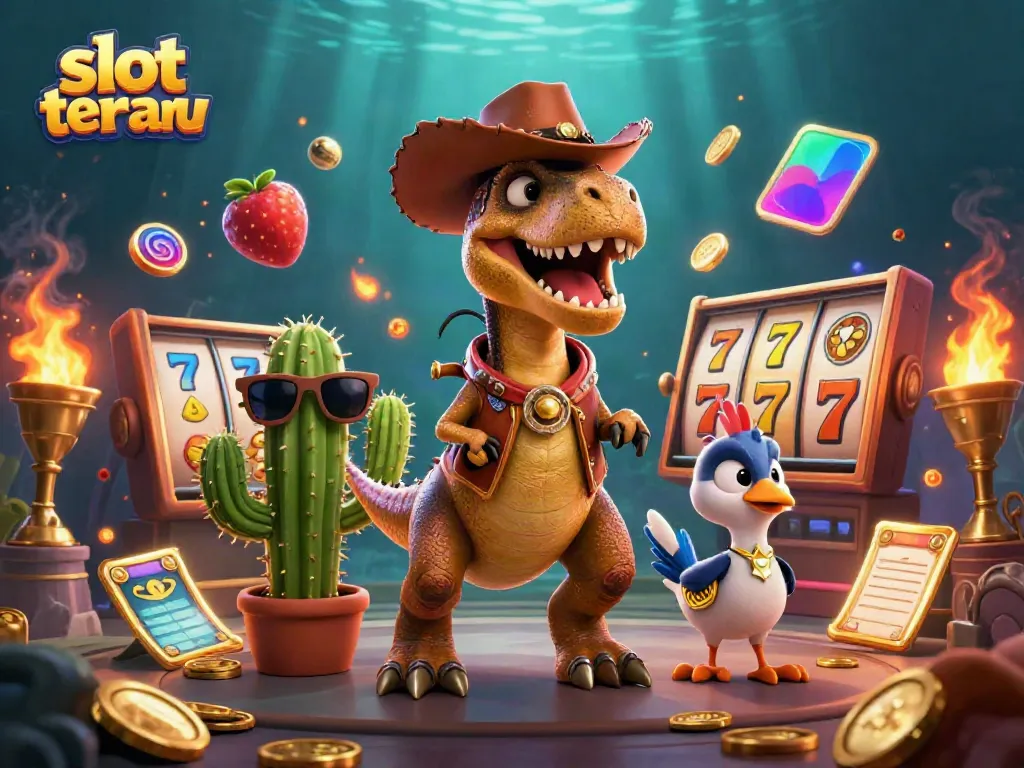 Permainan slot terbaru dengan dinosaur koboi dan simbol beruntung di lingkungan kasino yang dinamis.
