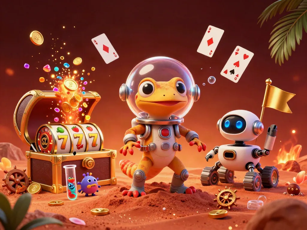 Join the Martian gecko in a golden casino discovery with siteslikemodo, amidst a vibrant gaming adventure!