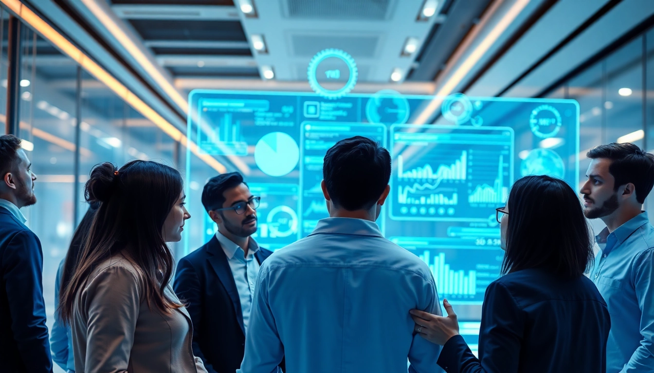 AI agents performing collaborative analysis in a modern office setting with holographic visuals.