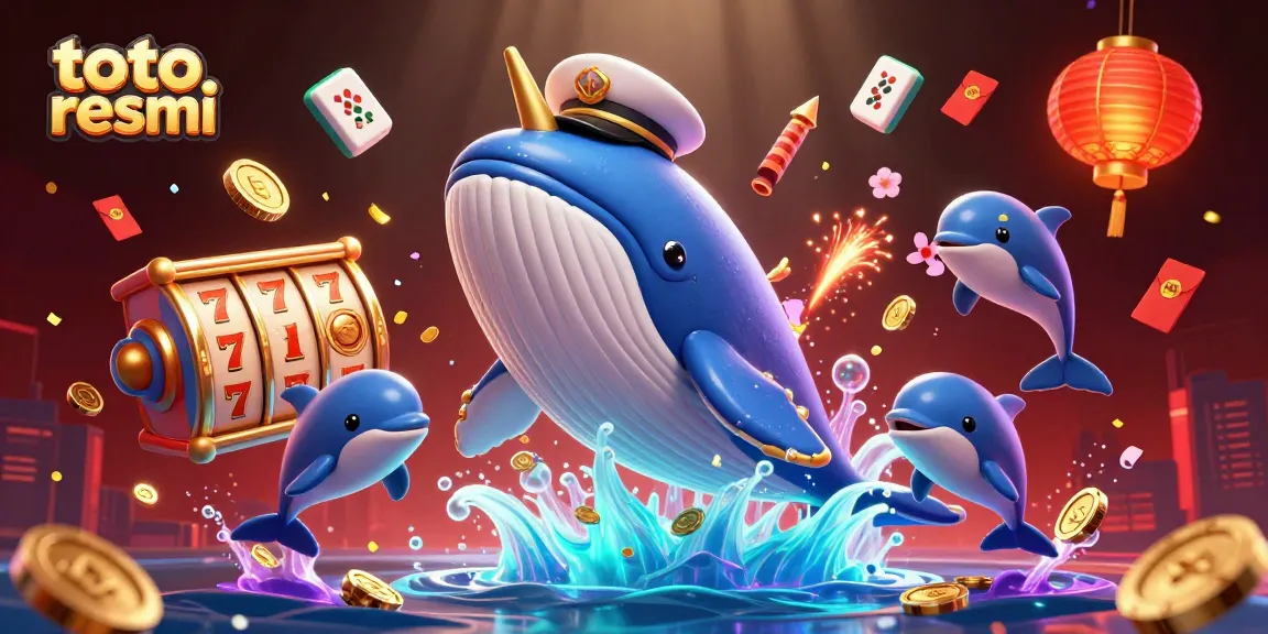 Gambarkan toto resmi dengan ikan paus 3D dan elemen kasino yang menarik, menciptakan suasana penuh keberuntungan.